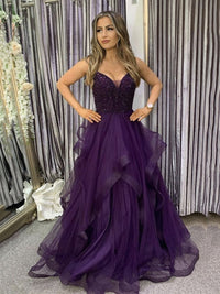 Purple Beaded Prom Dress V Neck  Layered Ruffle Tulle Evening Gown Sparkly Formal Party Dress Ms2607281