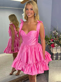 Pink Mini Homecoming Dress Bow Tie Strap Cute Short Party Dress Ms2601112