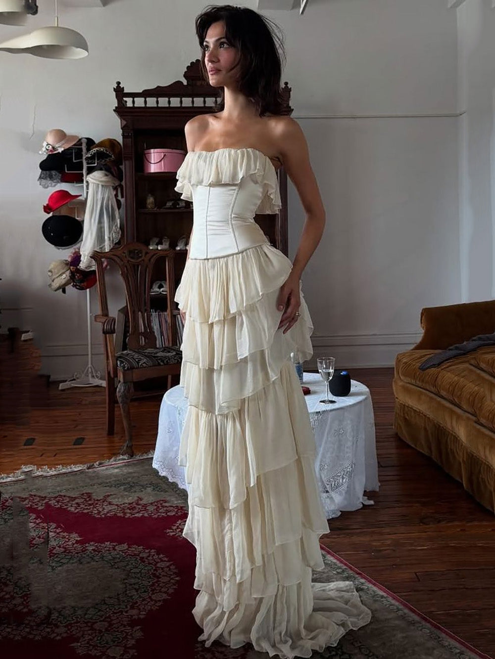 vintage corset prom dress Champagne Strapless Ruffle Tiered Elegant Ev – Msikoods Official Store stopping design and feminine Option:Suit + White Slim Fit Shirt Black One Shoulder Side Cute Cocktail Dresses For Juniors
