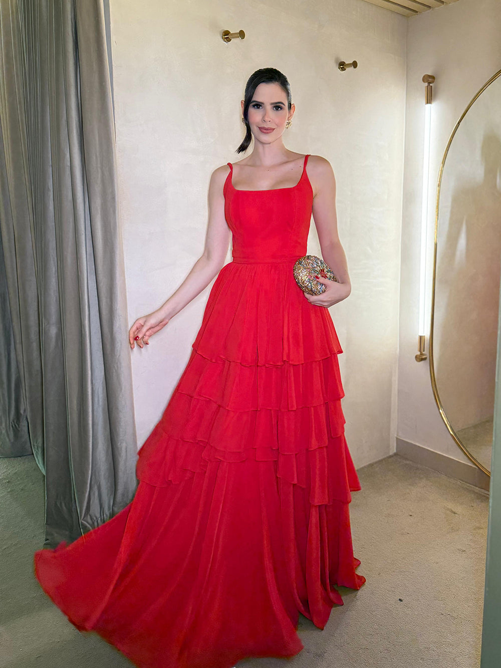 Red Spaghetti Strap Square Neck Prom Dress Ruffle Tiered A Line Evening Party Dress Ms2607034