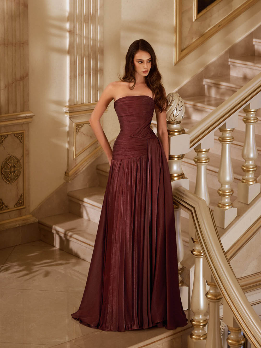 Shiny Silk Prom Dress Strapless Ruched Women's A Line Evening Party Gown Ms2609044