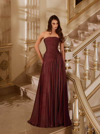 Shiny Silk Prom Dress Strapless Ruched Women's A Line Evening Party Gown Ms2609044