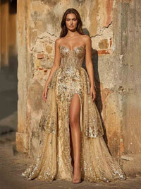 Gold Sequin Lace Evening Dresses Corset Tiered Overskirt Slit Mermaid Prom Dress Ms2602266