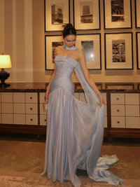 Strapless Prom Dress Plested Evening Dresses with Long Draped Cape Ms2604143