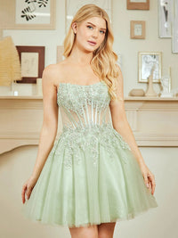 Lace Appliques Beaded Sheer Strapless Homecoming Dress Corset Tulle Short Cocktail Dress Ms2610236