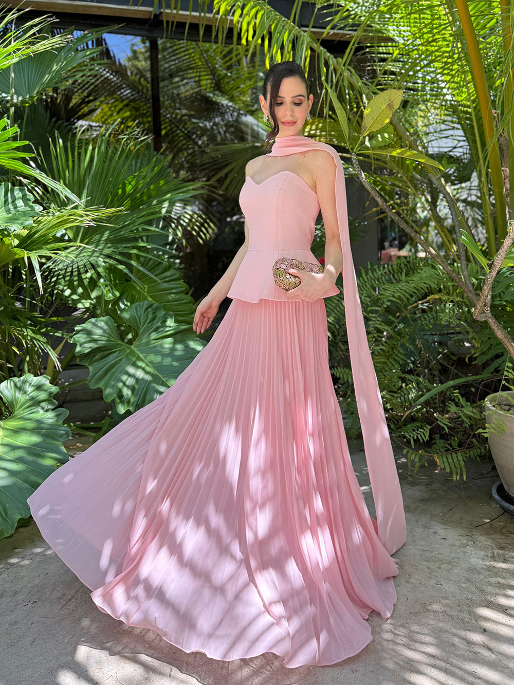 Pink Sweetheart Pleated Evening Dress Scarf Peplum Prom Dress for Wedding Guest Ms2607015