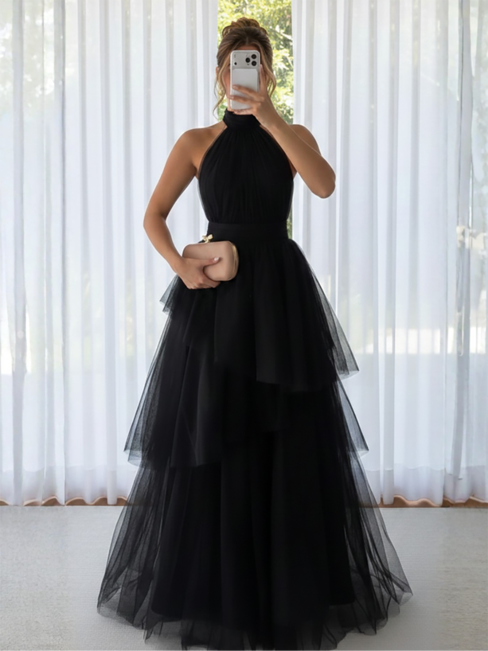 Black Halter Neck Tulle Prom Dress Backless Tiered A Line Evening Gown Formal Dress Ms2607203
