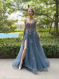 V Neck Prom Dress A-Line Spaghetti Straps Lace Applique Formal Gown Ms2509011