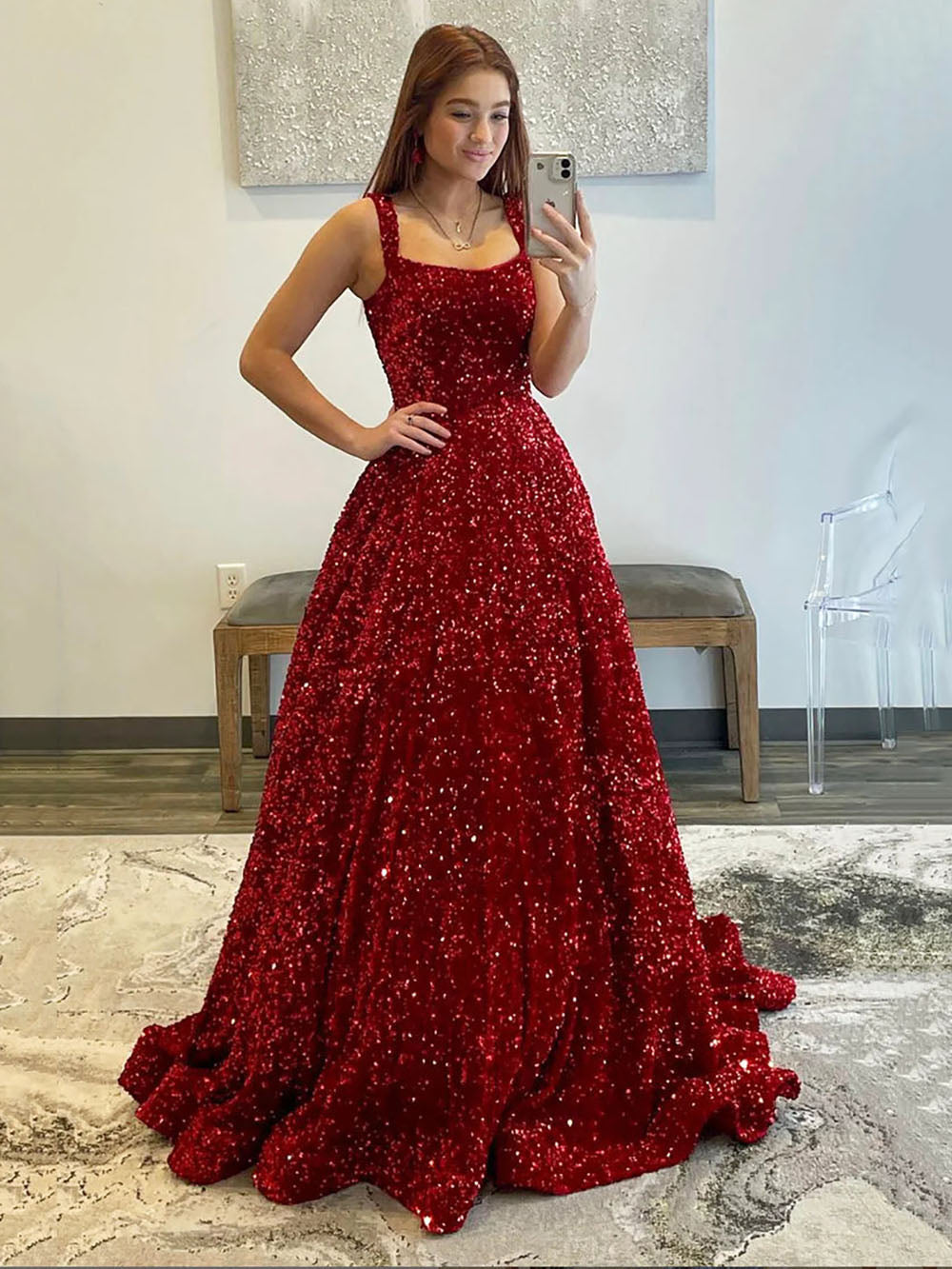 Burgundy Sequin Ball Gown Sparkly Evening Dress Shine Prom Dress Ms2601094