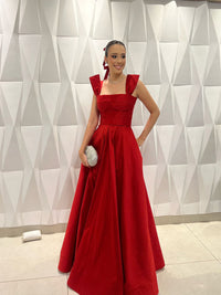 Red Satin Evening Dress Square Neck A Line Prom Dress Formal Party Dress Ms2607101