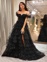 Off Shoulder Tulle Prom Dress High Slit Layered Sparkle Evening Dress Ms251064