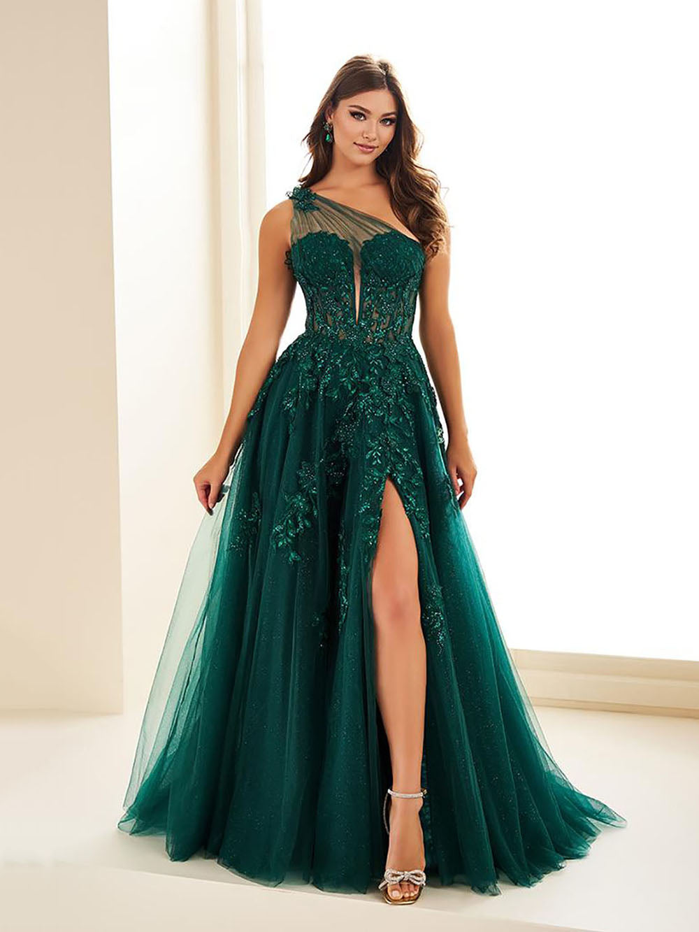 Corset Prom Dresses One Shoulder Applique Tulle Evening Gown with High Slit Ms2601144