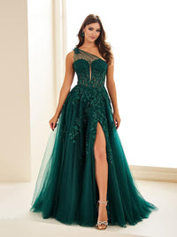 Corset Prom Dresses One Shoulder Applique Tulle Evening Gown with High Slit Ms2601144