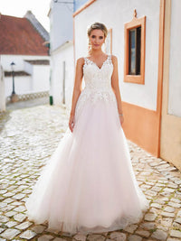 Lace Applique Wedding Dress Backless A Line Tulle Bridal Gown V Neck Bride Dress Ms2603191