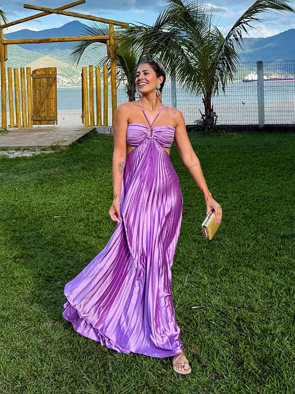 Lilac Pleated Halter Neck Cut Out Backless Evening Dress Satin A Line Prom Dress Ms2607214