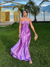 Lilac Pleated Halter Neck Cut Out Backless Evening Dress Satin A Line Prom Dress Ms2607214