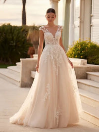 Lace A-Line Wedding Dress 2025 Romantic Illusion Back Bridal Gown with Cap Sleeves Ms205201