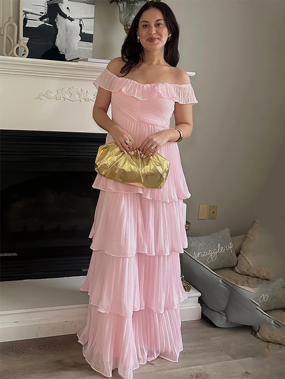 Off Shoulder Pleated Chiffon Prom Dress Tiered Ruffle Evening Gown Ms2606052