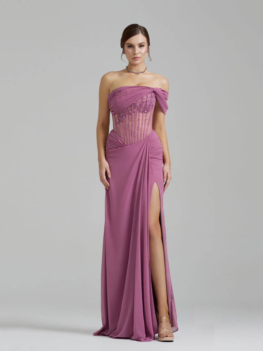 One Shoulder Prom Dress Beaded Corset Ruched High Slit Evening Dress Formal Gown Ms2609046