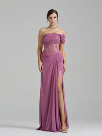 One Shoulder Prom Dress Beaded Corset Ruched High Slit Evening Dress Formal Gown Ms2609046