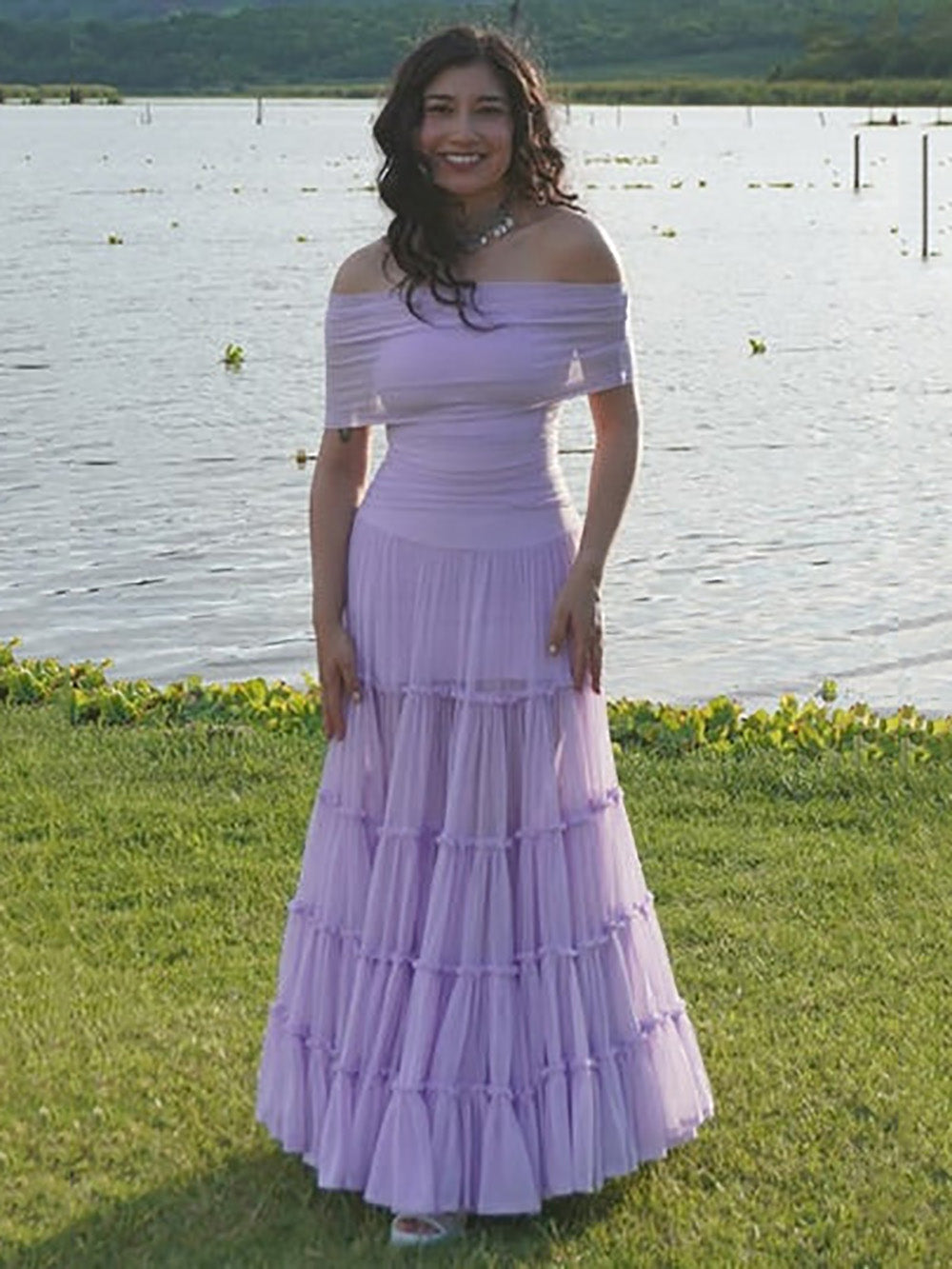 Lavender Off Shoulder Prom Dress A Line Tiered Ruffle Chiffon Flowing Evening Dress Ms2604025