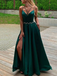 Satin Prom Dress Spaghetti Strap V Neck Belts A Line Evening Dress with High Slit Ms2603261