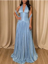 Shiny Halter Evening Dresses Cape Pleated A Line Backless Elegant Prom Dress Ms2605263