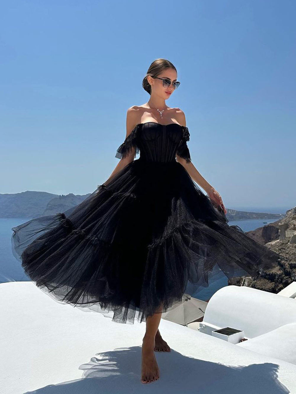 Abiti da sera in tulle lunghezza tè per donne, abiti da ballo con spalle scoperte, per adolescenti, scollo a cuore, decorati con perline, abito principessa gonfio