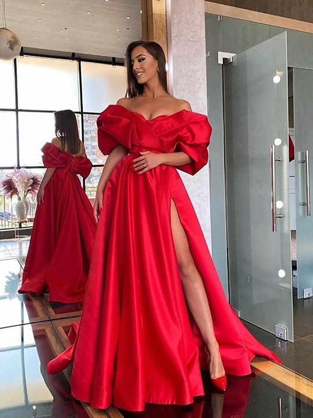 Red Off Shoulder Satin Evening Gown High Slit Formal Prom Dress Ms2512133