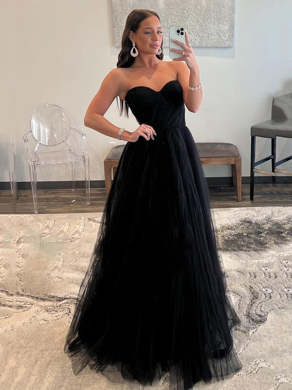 Black Strapless Tulle Prom Dresses A Line Formal Dress Ms2508111