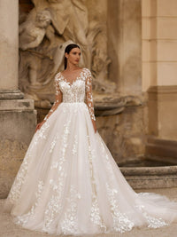 Elegant Long Sleeve Lace Wedding Dress Brides Appliqués Illusion Tulle A-Line Bridal Gown Ms2505203