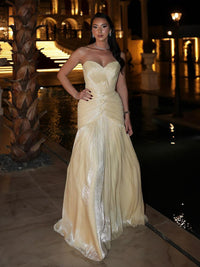 Champagne Strapless Ruched Prom Dress Pleated Evening Gown for Formal Events Ms2604185