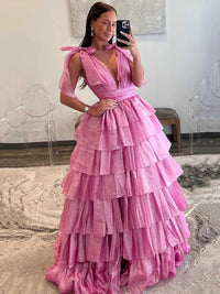 Tiered Ruffle Ball Gown Prom Dress Deep V Neck Sleeveles Layered Tulle Evening Gown Ms2606155