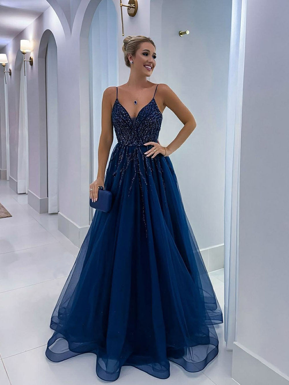 Navy Blue Evening Gown V Neck Spaghetti Straps Beaded A Line Formal Prom Dress Ms2601071