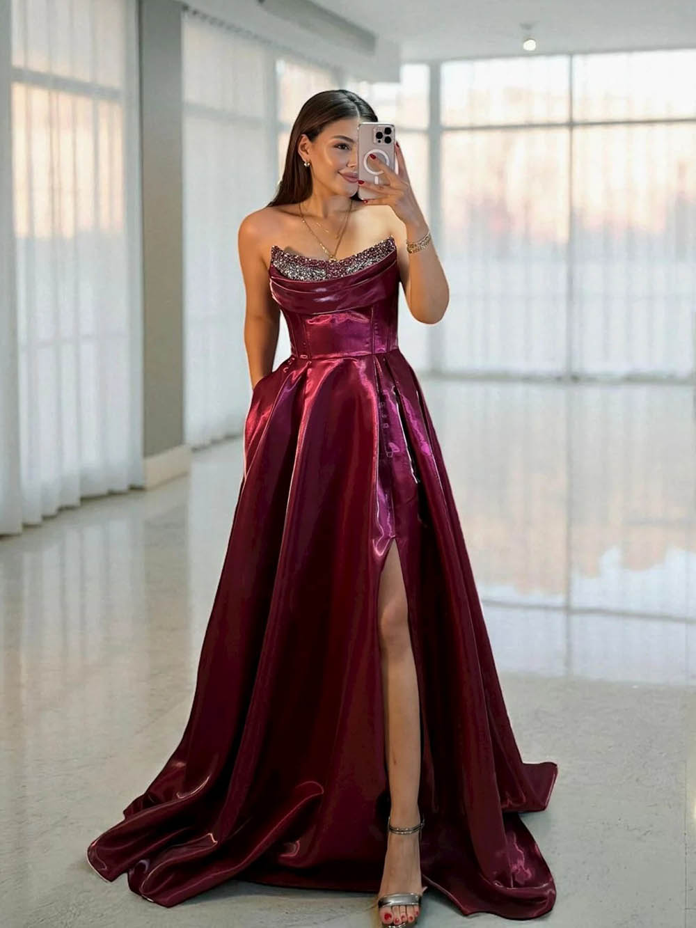 Shiny Satin Beaded Corset Formal Evening Gown High Slit A Line Prom Dress Ms2512231