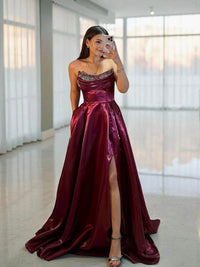 Shiny Satin Beaded Corset Formal Evening Gown High Slit A Line Prom Dress Ms2512231