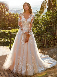 Elegant Illusion Lace Wedding Dress Long Sleeves Floral Appliqué Bride Dress Ms25052202