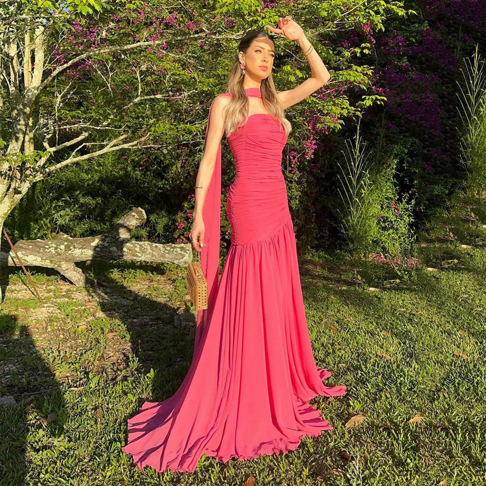 Mermaid Prom Dress Strapless Ruched Chiffon Scarf Evening Gown Birthday Party Dress Ms2607221