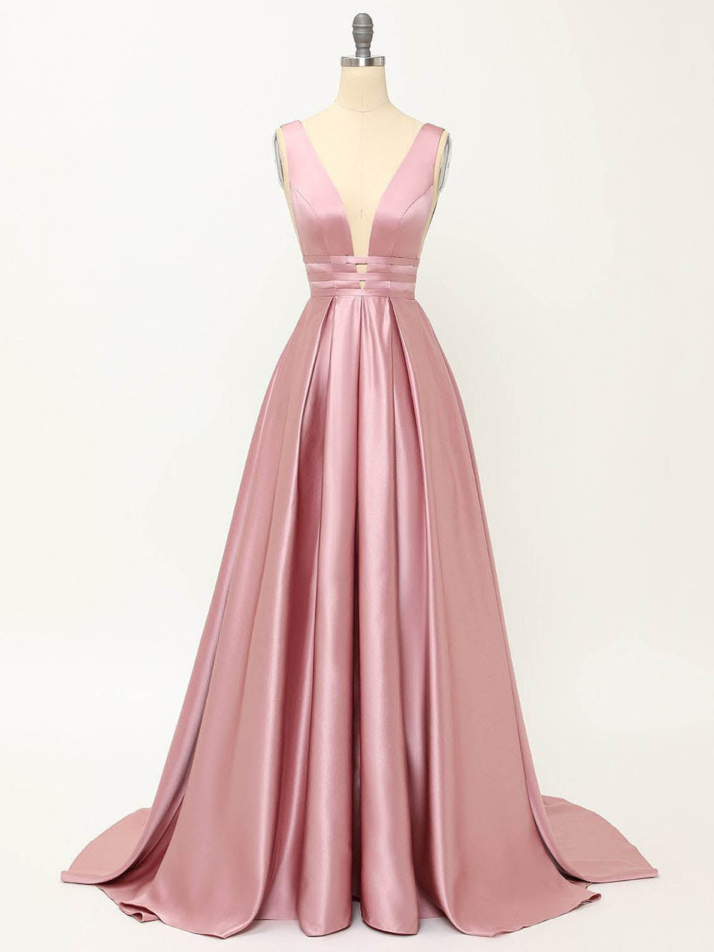 Deep V-Neck Pleated A-Line Prom Dress Satin Backless Evening Dress Ms2510165