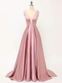Deep V-Neck Pleated A-Line Prom Dress Satin Backless Evening Dress Ms2510165