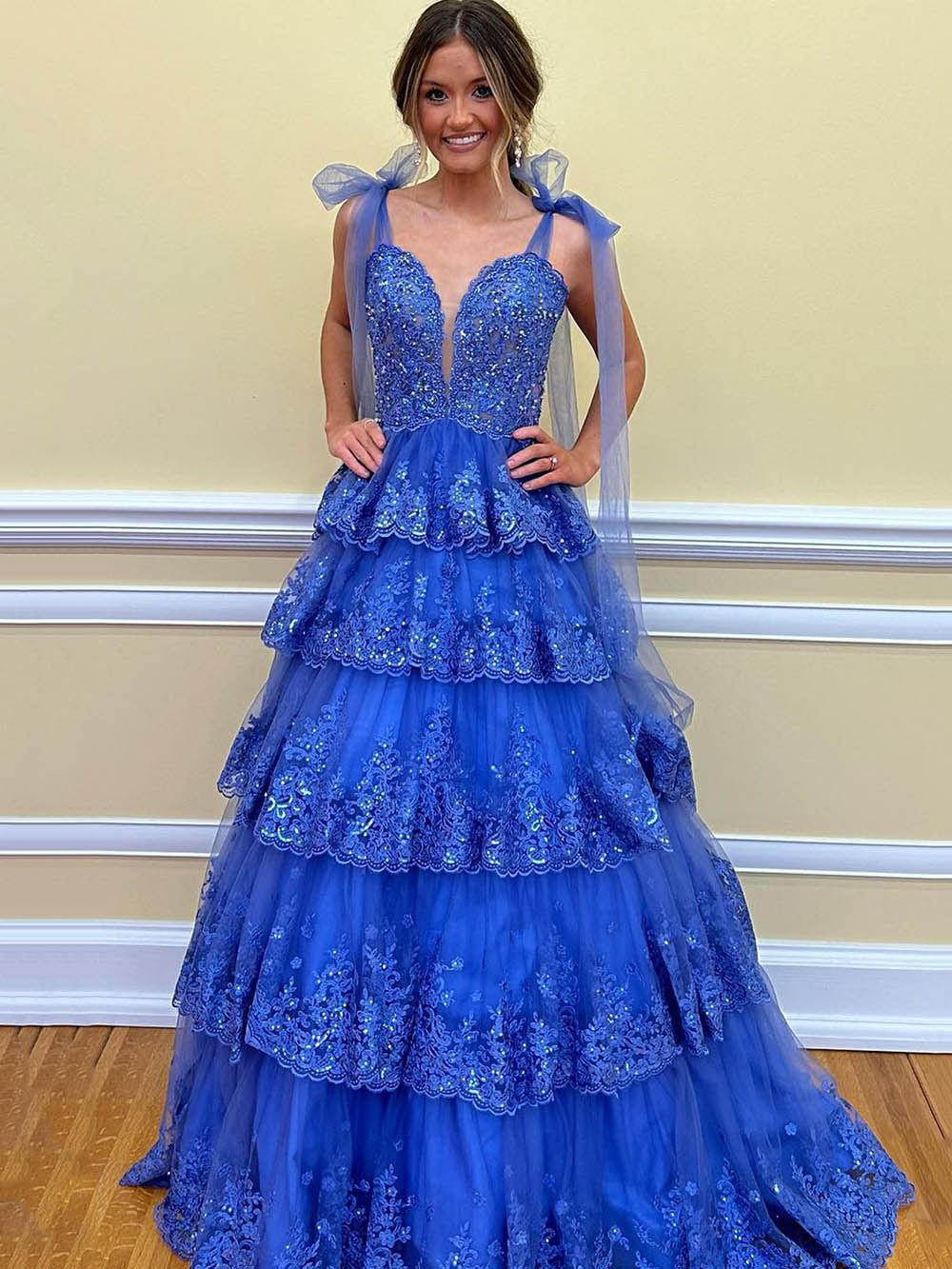 Sequins Lace Prom Dress V Neck Bow Straps Layered Tulle Party Dress Ms   Msikoods Official Store