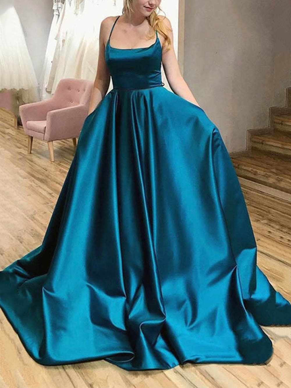 Satin Prom Dress with Pockets Open Back Halter Long Formal Evening Dre Msikoods Official Store Satin Prom Dress with Pockets Open Back Halter Long Formal Evening Dre Msikoods Official Store
