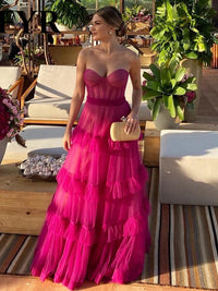 Fuchsia Tulle Prom Dress Tiered Ruffle Corset Evening Dress Formal Prom Party Gown Ms2505081