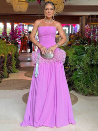 Strapless Feather Prom Dress A Line Evening Dress Ruched Party Gown Ms2606076