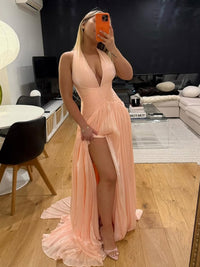 Halter Deep V Neck Pleated Chiffon Evening Dress High Slit Prom Dress Ms2604275