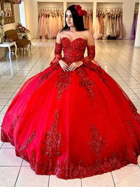 Red Quinceanera Dress Sweetheart Glitter Tulle Tiered Long Sleeve Sweet 16 Parties Dress Ms2605142