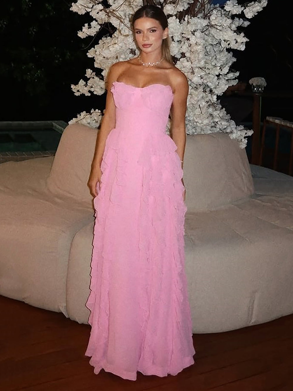 Pink Strapless Ruffles Prom Dress Chiffon A Line Evening Dress Gala Gown Ms2606036