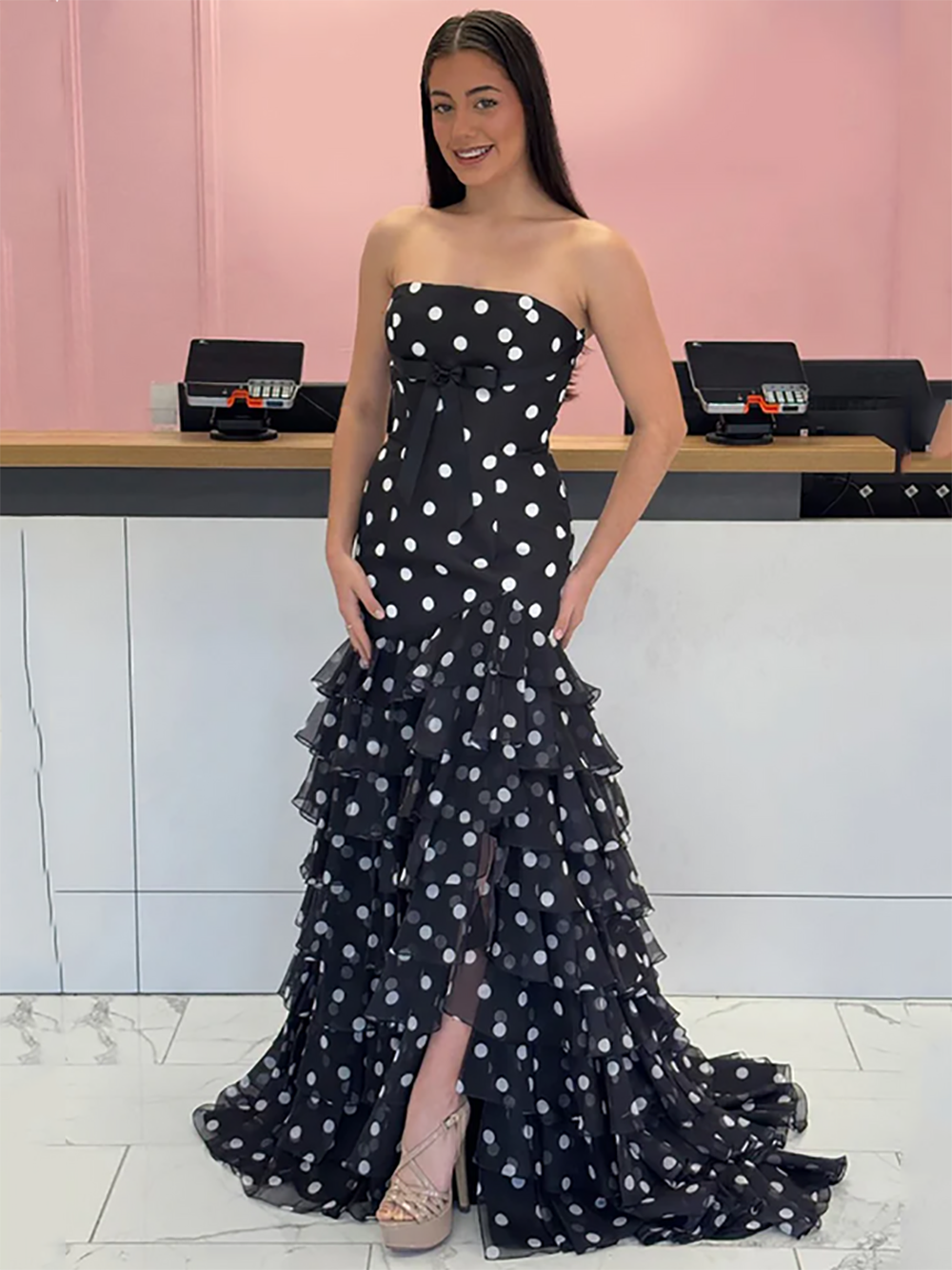 Polka Dot Prom Dress Strapless A Line Tiered Ruffle Long Evening Dress with Bow Ms2604099