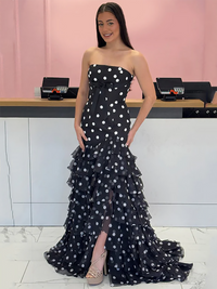 Polka Dot Prom Dress Strapless A Line Tiered Ruffle Long Evening Dress with Bow Ms2604099