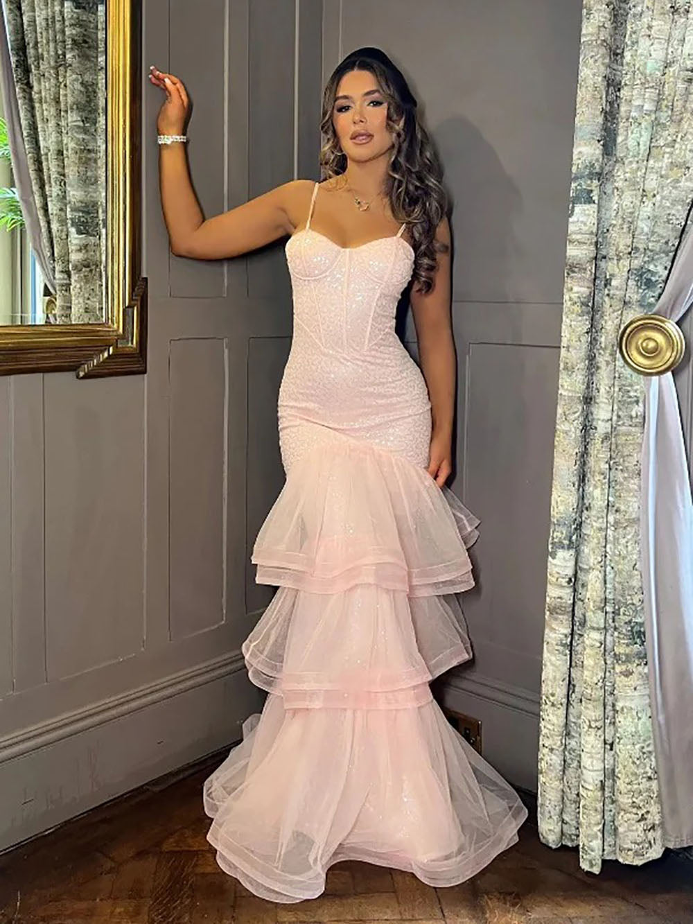 Elegant Pink Sequin Tiered Mermaid Evening Gown Ruffle Prom Dress Ms25 –  Msikoods Official Store